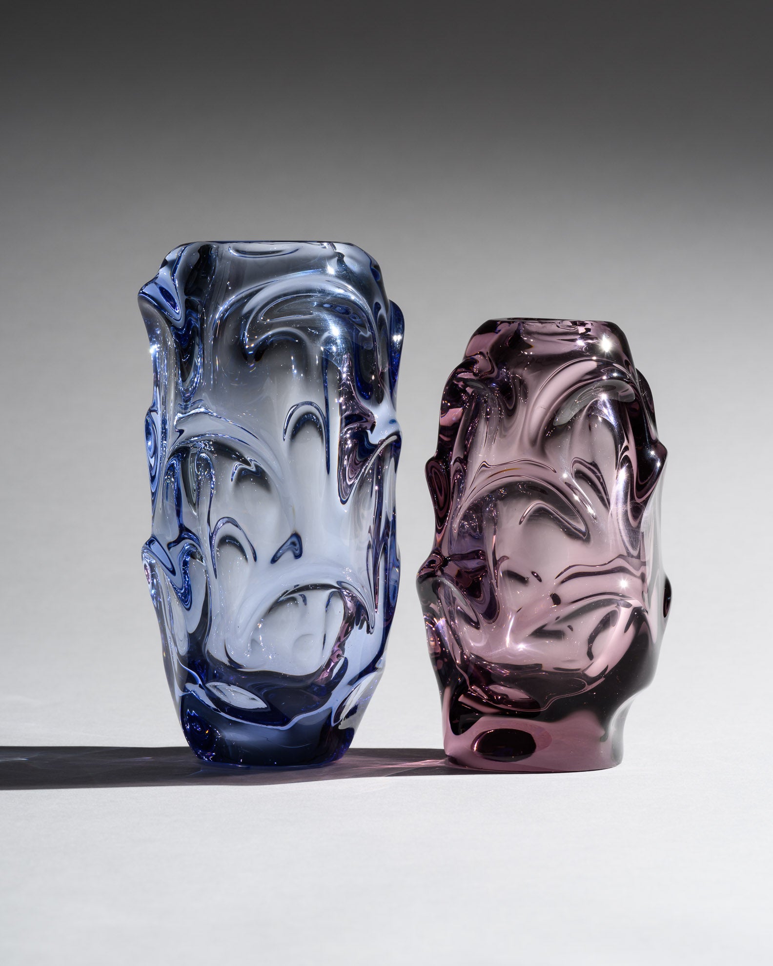 Lilac & Blue Art Glass Vase Duo – Jan Beranek for Skrdlovice, 1950s–1960s