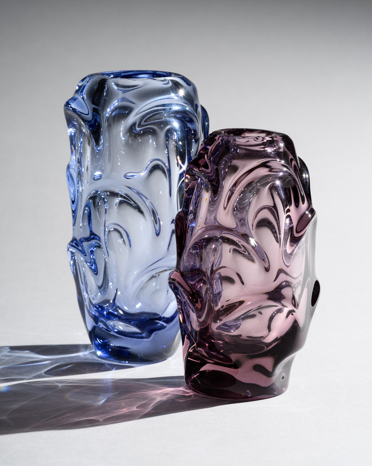 Lilac & Blue Art Glass Vase Duo – Jan Beranek for Skrdlovice, 1950s–1960s