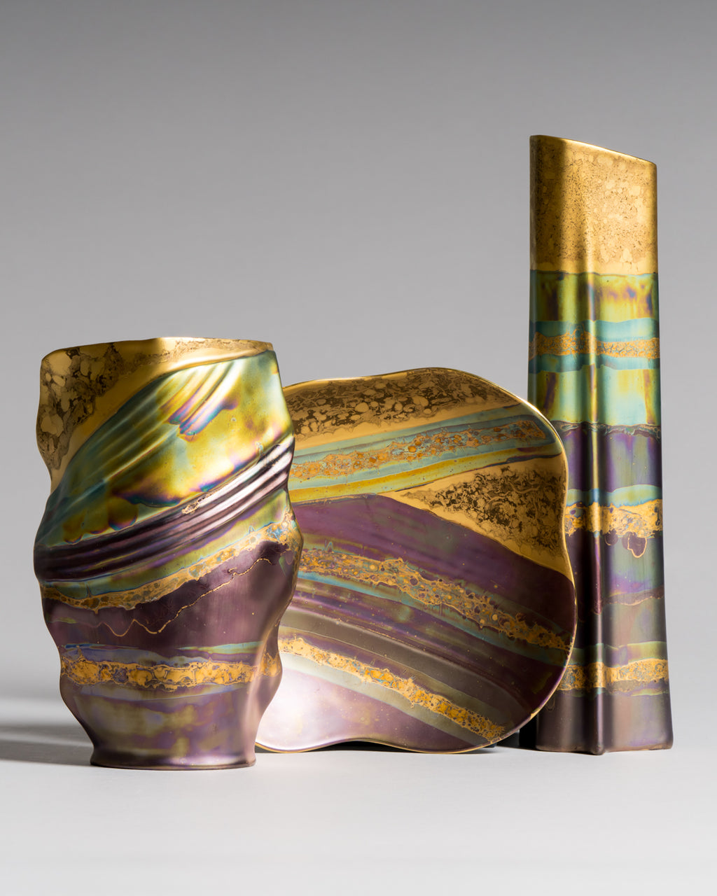 Eosin Satin Porcelain Vase & Bowl Trio – Johan van Loon Forms & Helmut Drexler for Rosenthal, 1990s