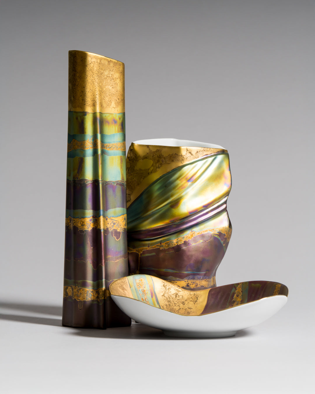 Eosin Satin Porcelain Vase & Bowl Trio – Johan van Loon Forms & Helmut Drexler for Rosenthal, 1990s