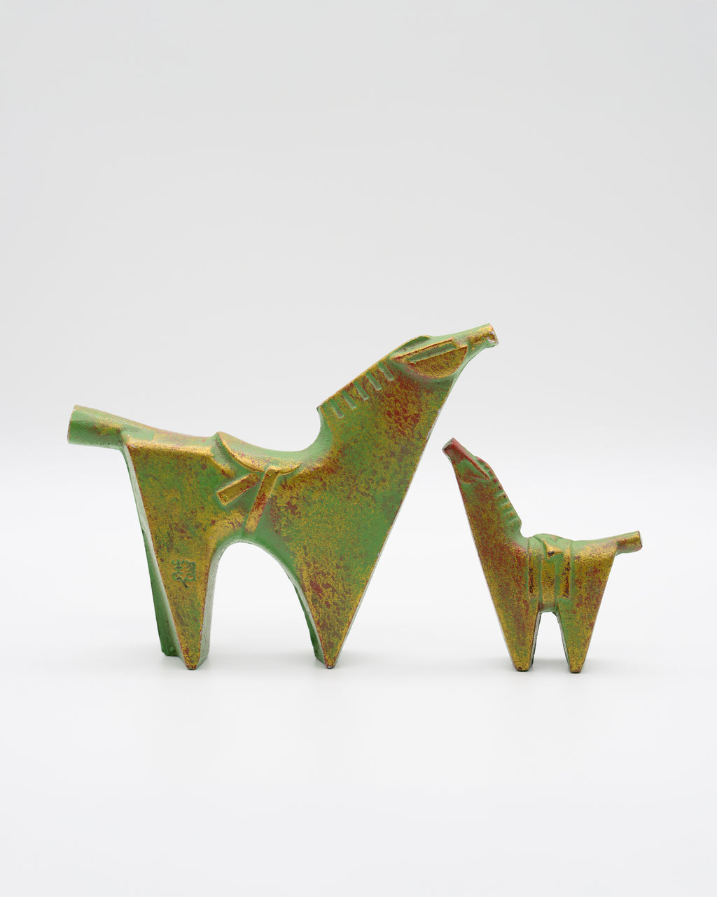 Horse and foal figurines, green and gold colour, made from metal, Japan, midcentury