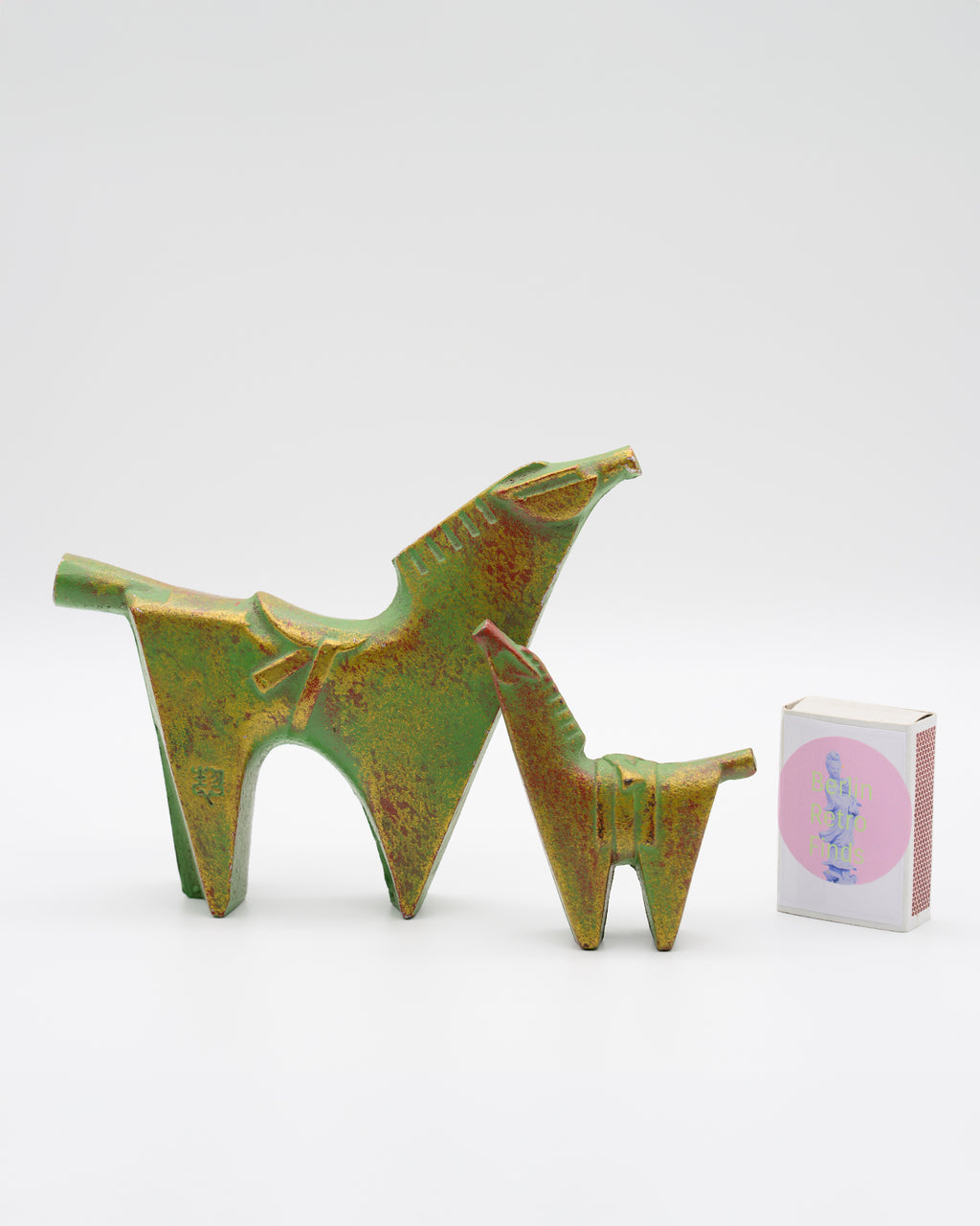 Horse and foal figurines, green and gold colour, made from metal, Japan, midcentury