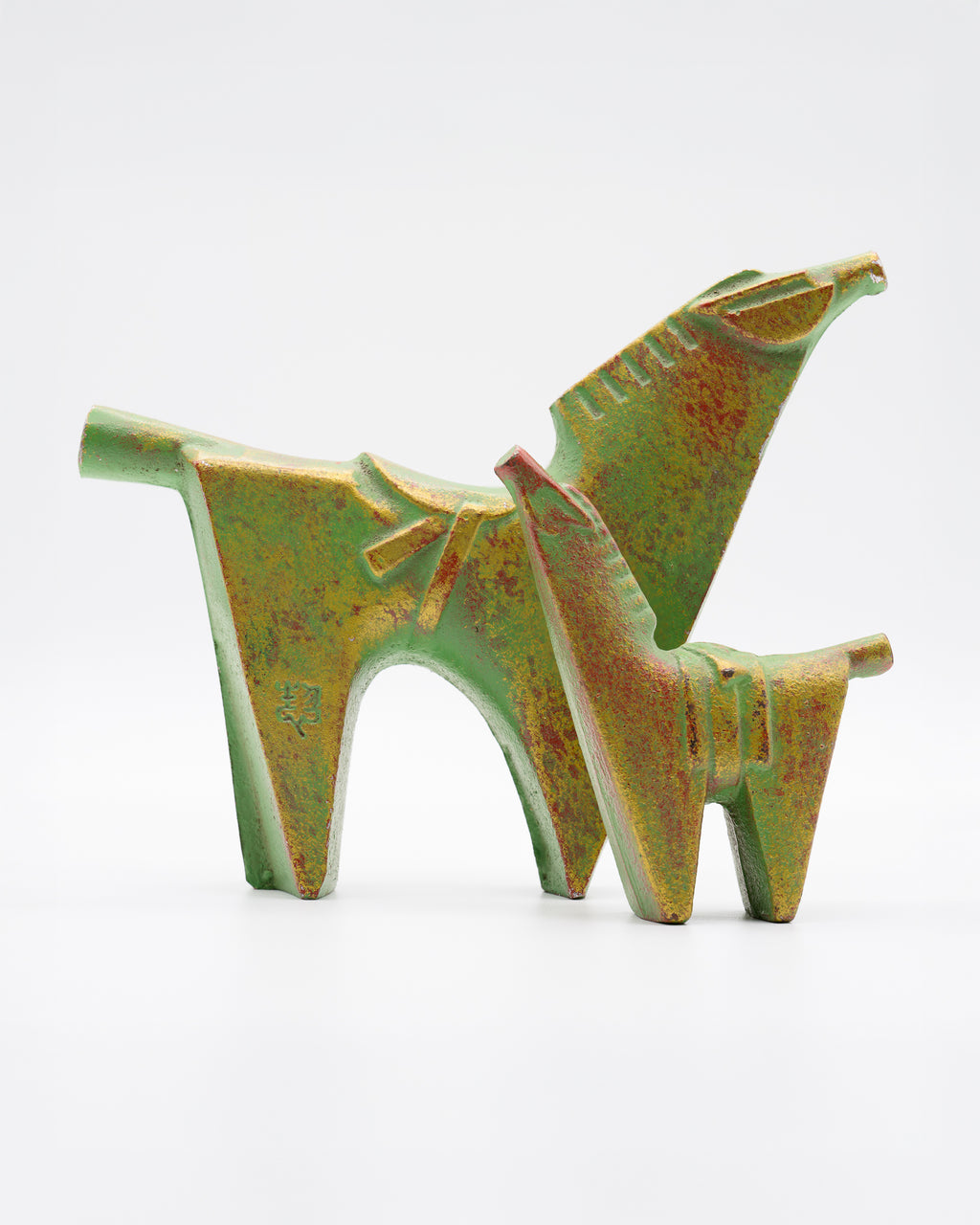 Horse and foal figurines, green and gold colour, made from metal, Japan, midcentury