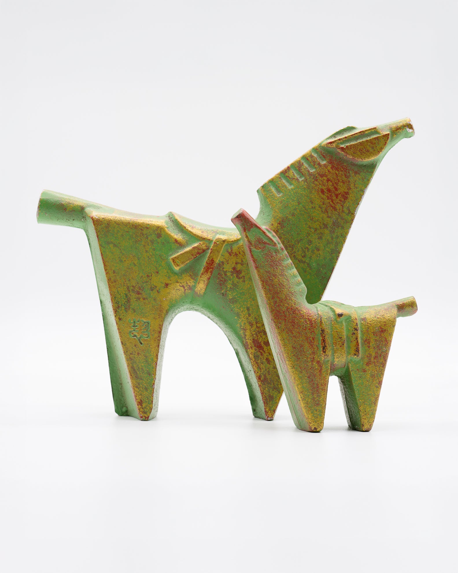 Horse and foal figurines, green and gold colour, made from metal, Japan, midcentury