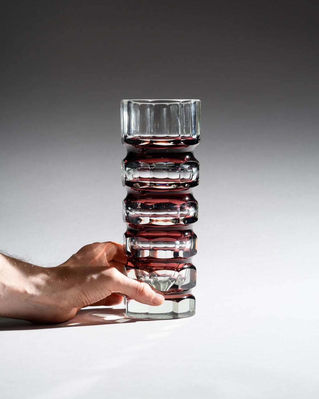 Ruby Red Overlay Crystal Block Vase Duo – Attributed to VEB Ilm-Kristall, 1960s–1980s