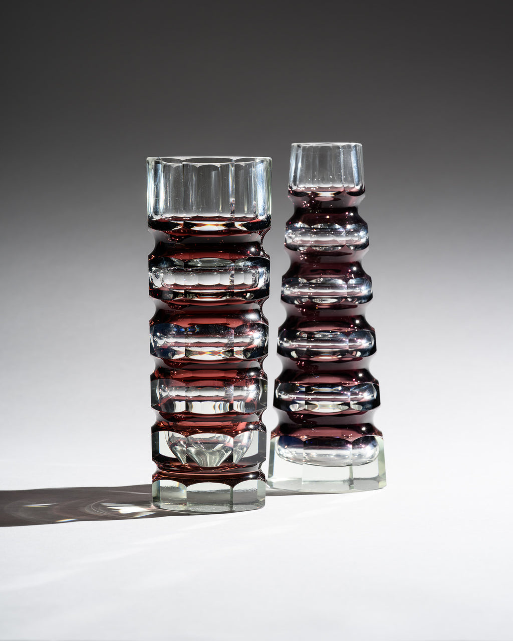 Ruby Red Overlay Crystal Block Vase Duo – Attributed to VEB Ilm-Kristall, 1960s–1980s