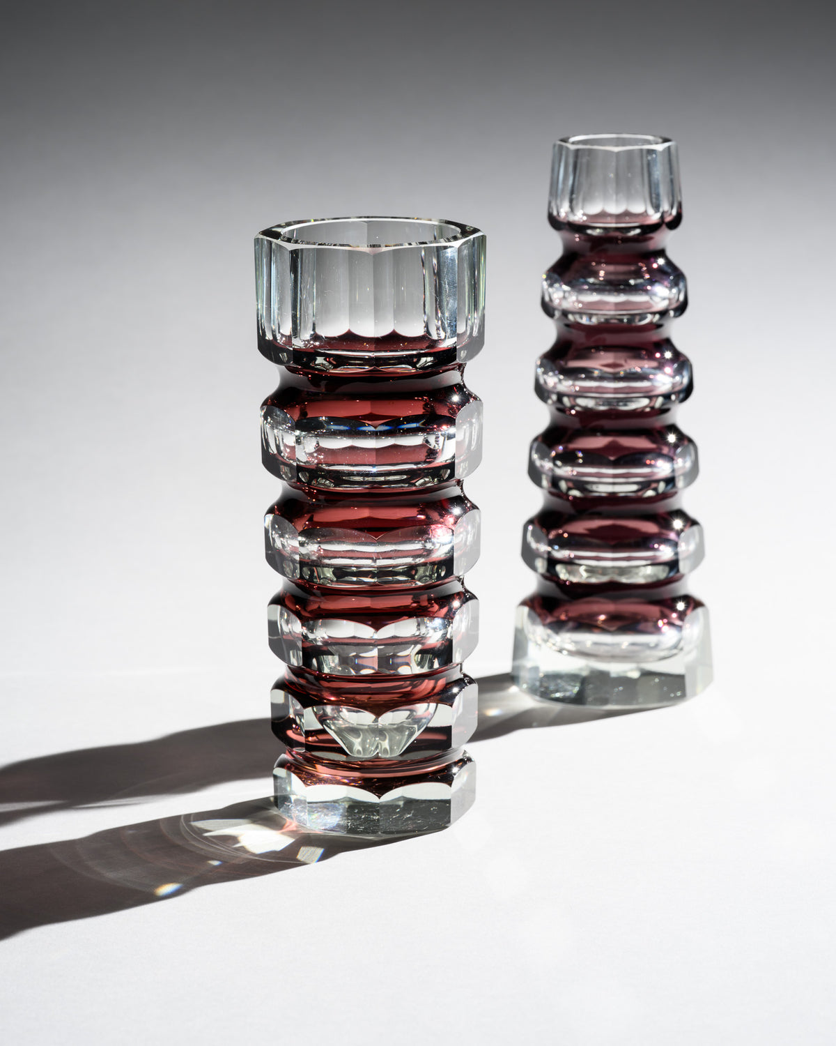 Ruby Red Overlay Crystal Block Vase Duo – Attributed to VEB Ilm-Kristall, 1960s–1980s