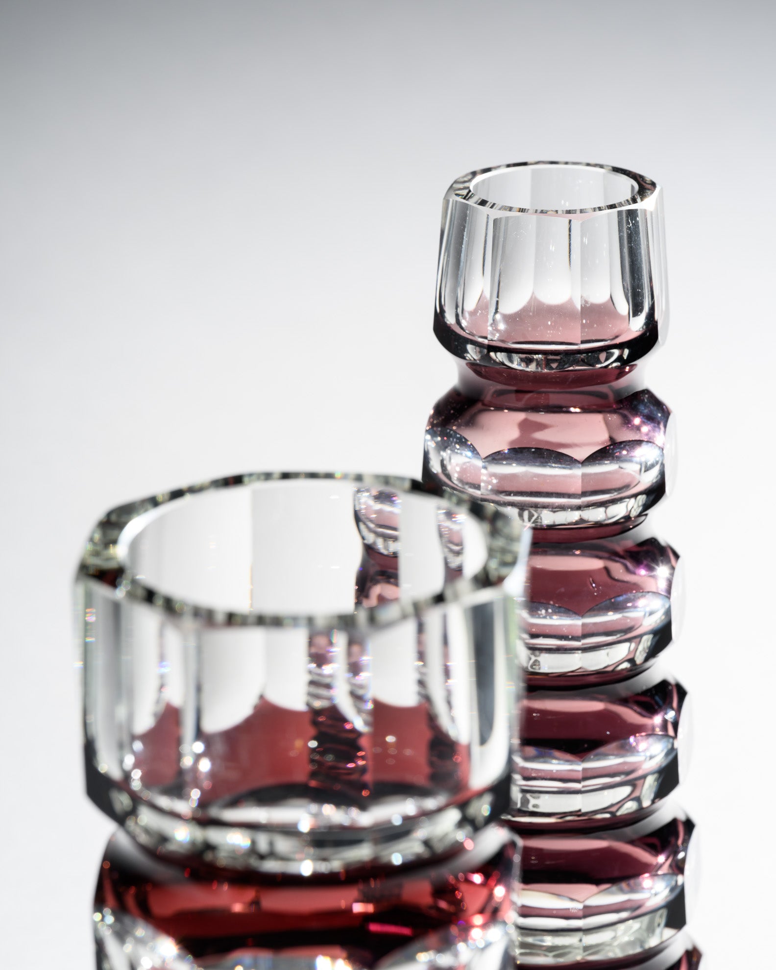 Ruby Red Overlay Crystal Block Vase Duo – Attributed to VEB Ilm-Kristall, 1960s–1980s