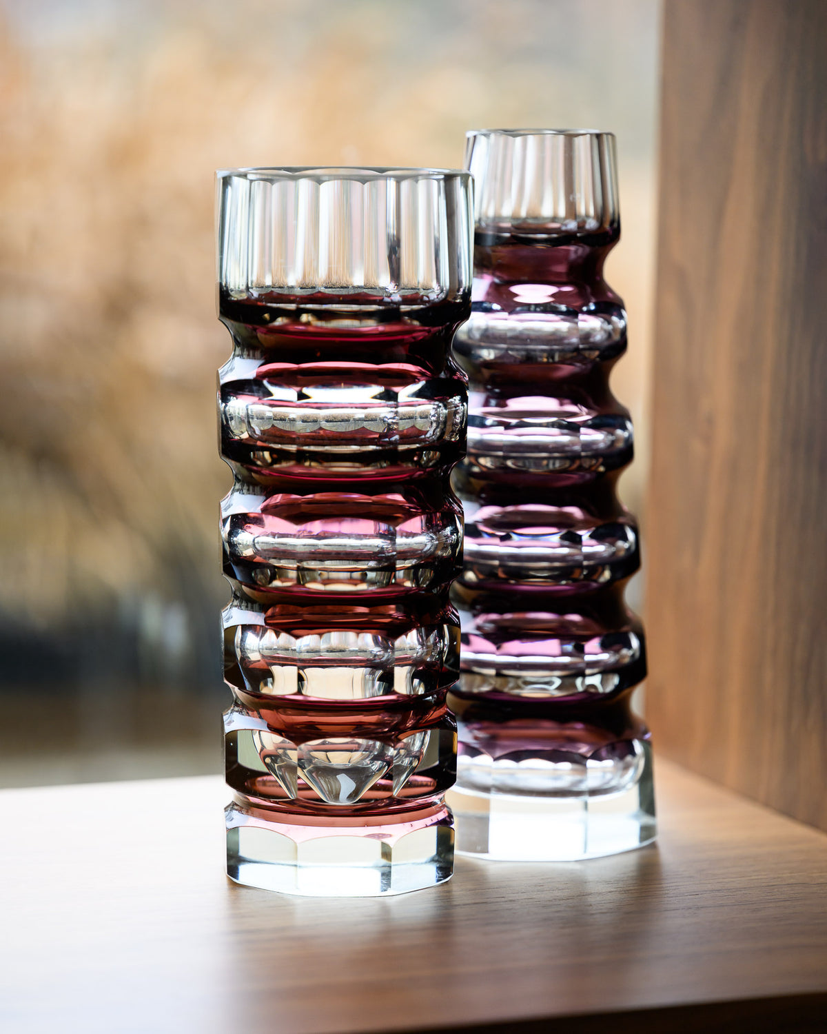 Ruby Red Overlay Crystal Block Vase Duo – Attributed to VEB Ilm-Kristall, 1960s–1980s