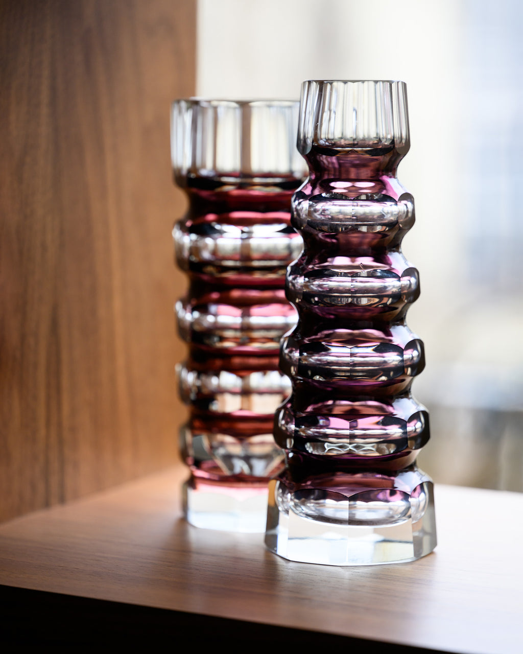 Ruby Red Overlay Crystal Block Vase Duo – Attributed to VEB Ilm-Kristall, 1960s–1980s
