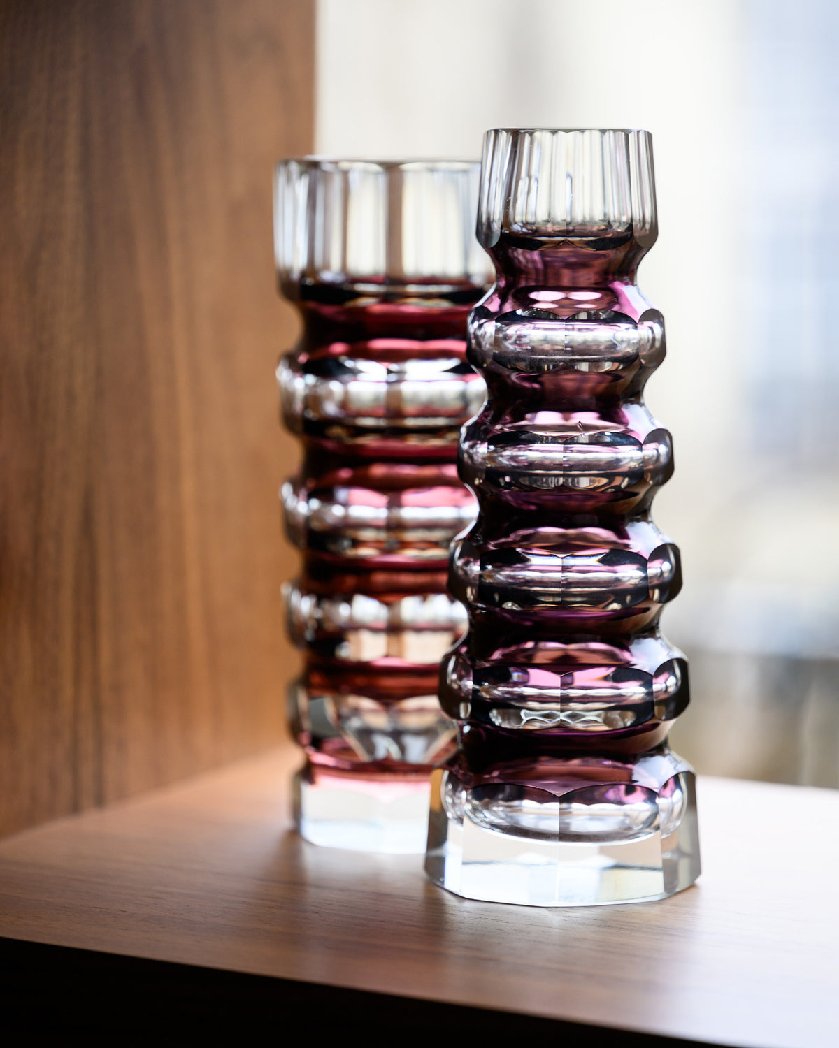 Ruby Red Overlay Crystal Block Vase Duo – Attributed to VEB Ilm-Kristall, 1960s–1980s