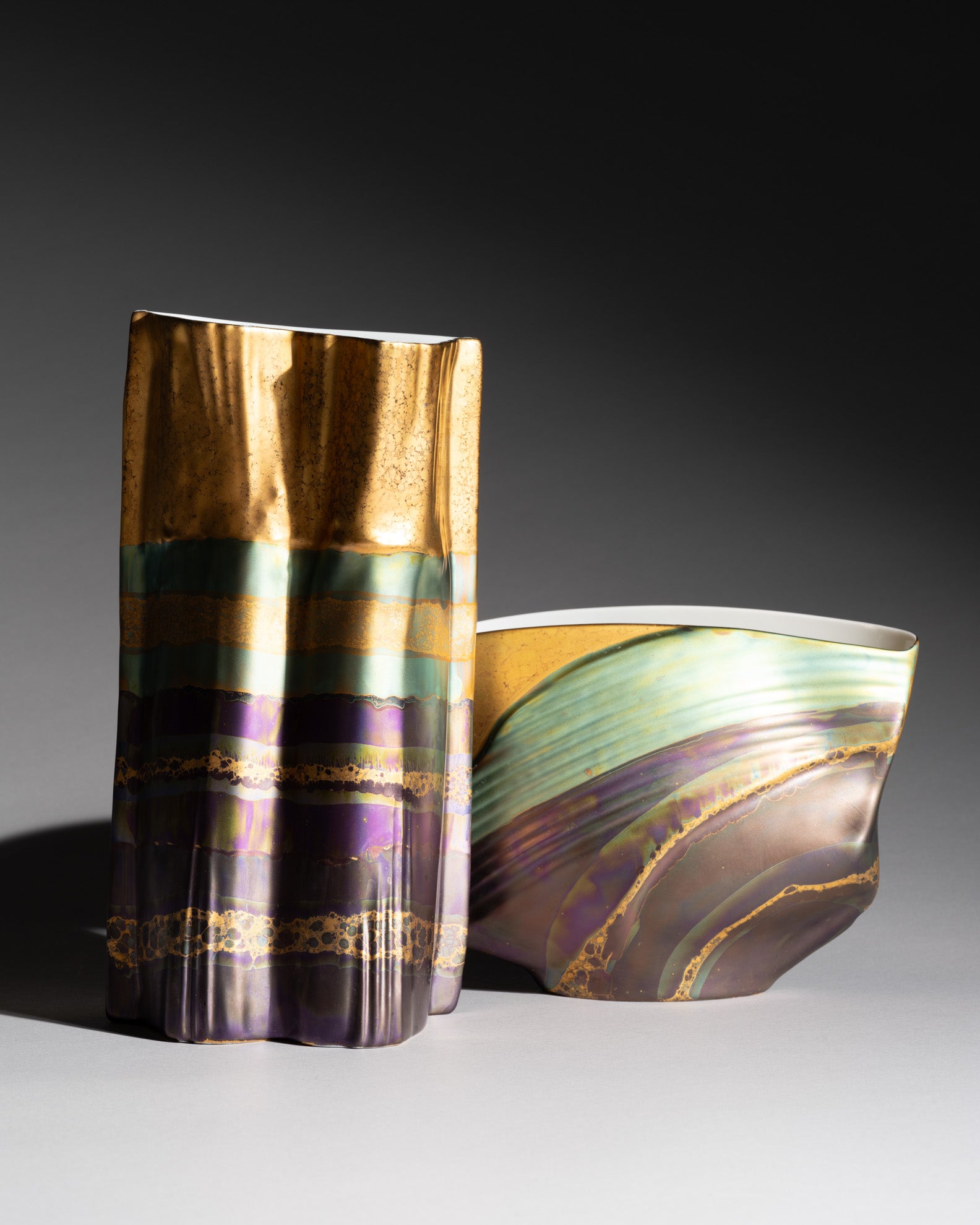 Iridescent Porcelain Vase Duo – Johan van Loon & Helmut Drexler for Rosenthal, 1990s