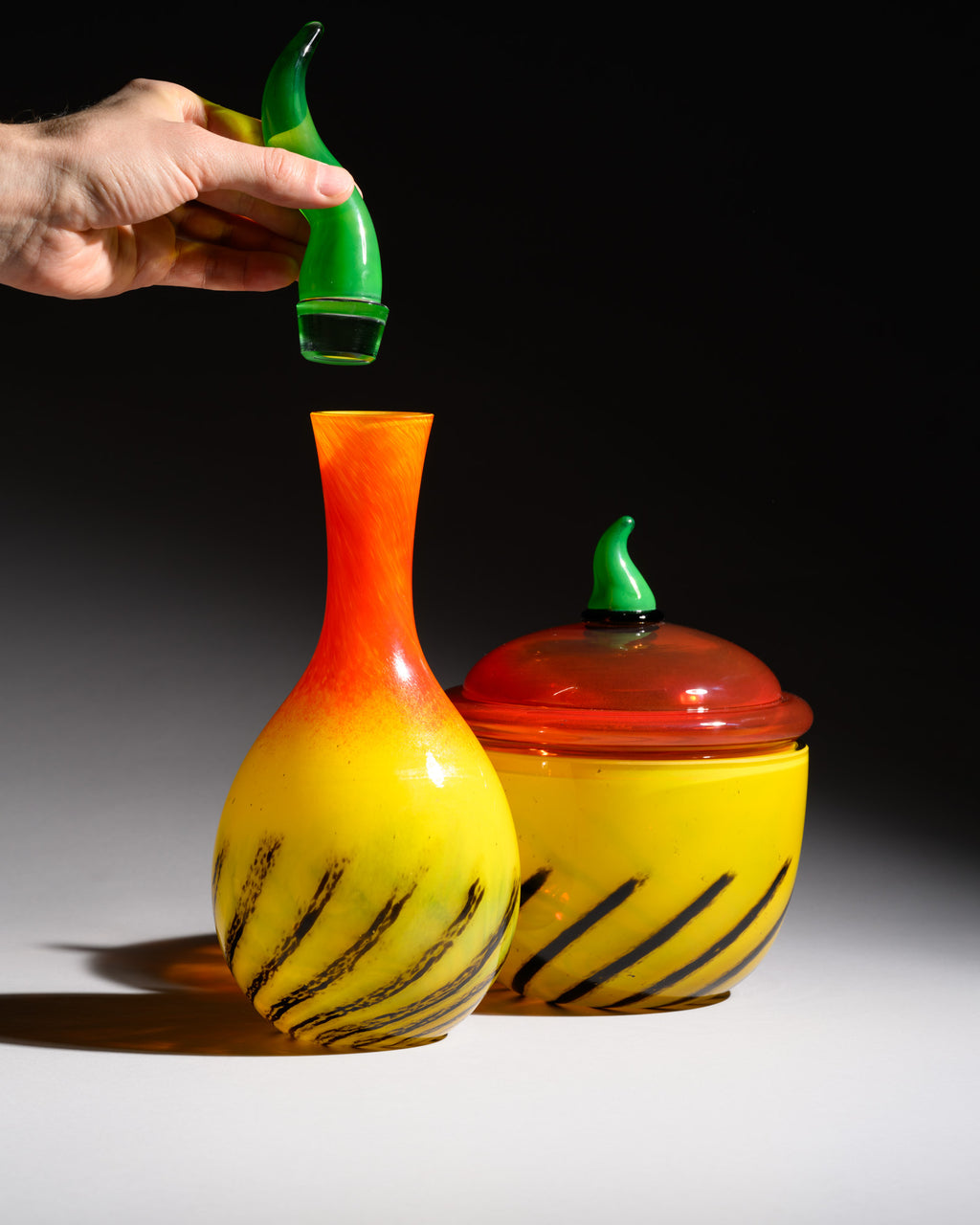 Nanny Still “Kontiki” Art Glass Carafe & Lidded Box Set for Rosenthal, 1993
