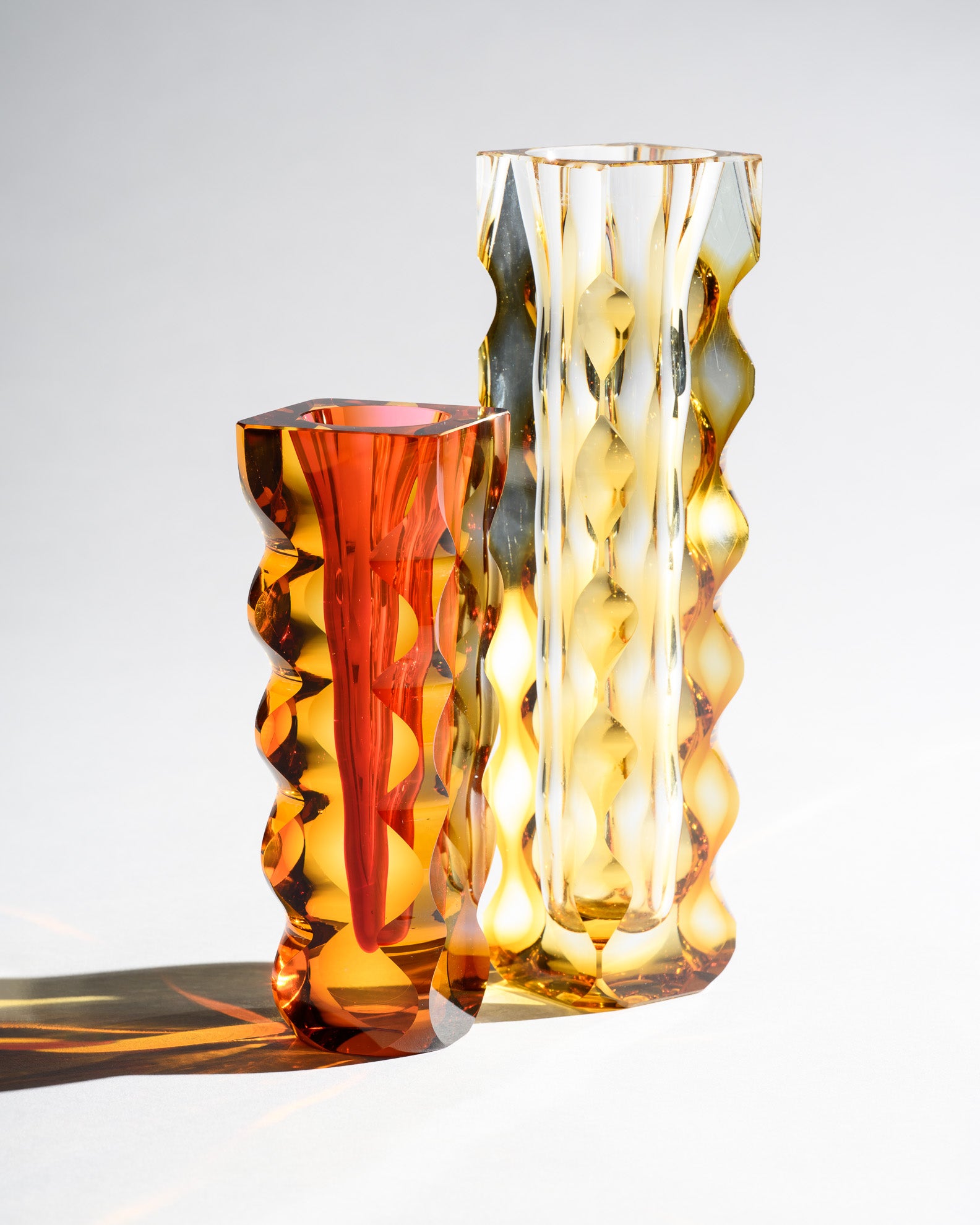 Optic-Cut Art Glass Vase Duo – Oldrich Lipsky for Exbor, 1960s