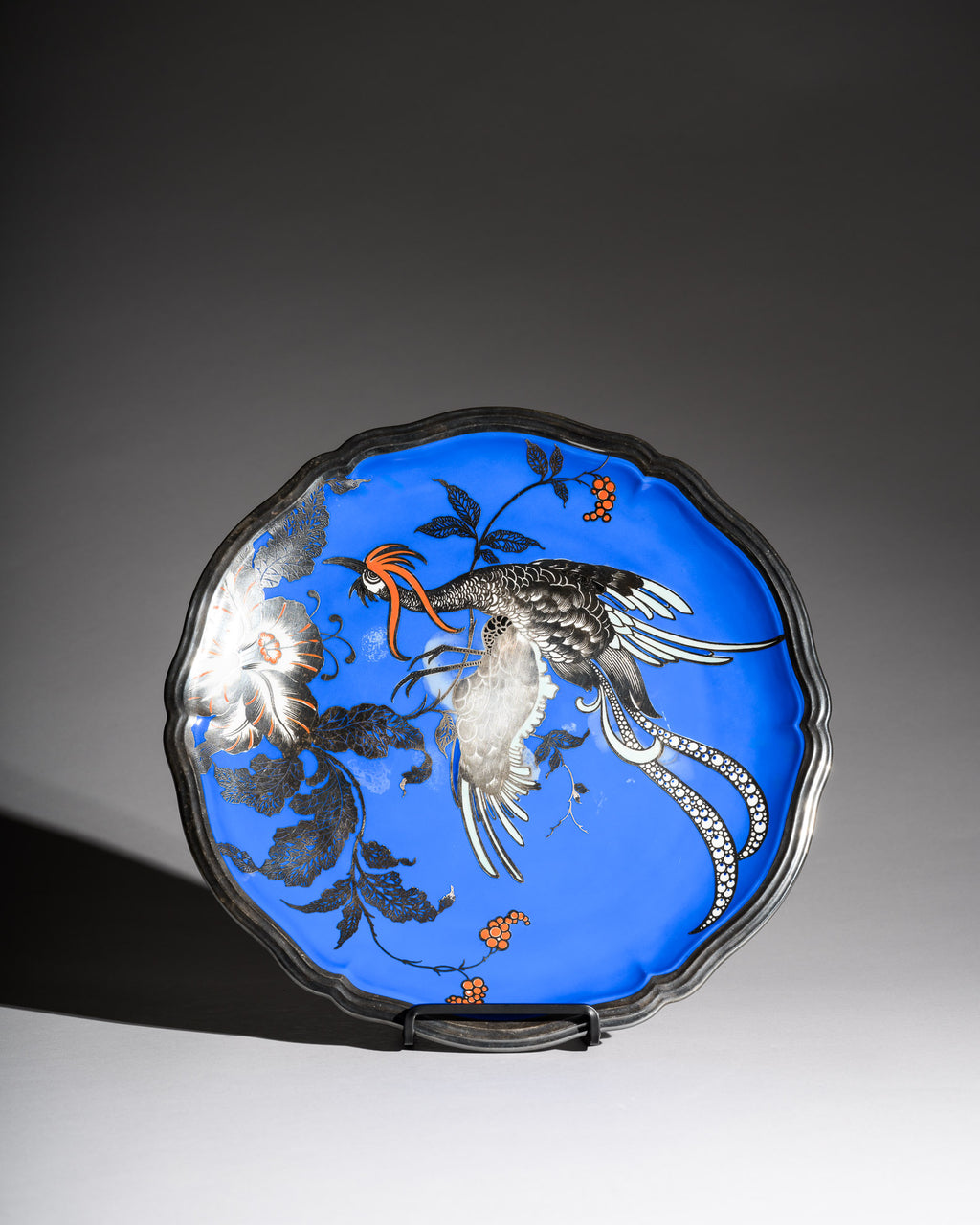 Blue Porcelain Plate with Silver Overlay Bird Motif – Rosenthal, 1950s