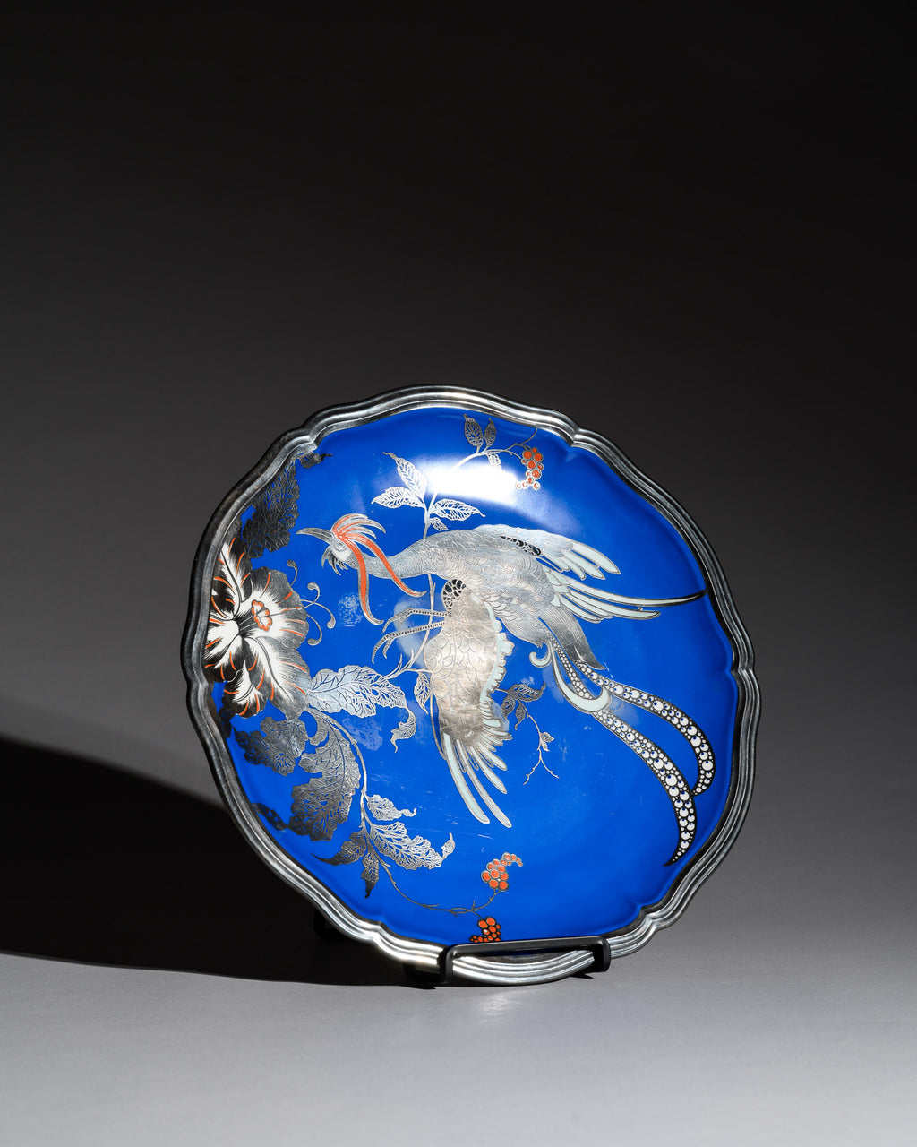 Blue Porcelain Plate with Silver Overlay Bird Motif – Rosenthal, 1950s