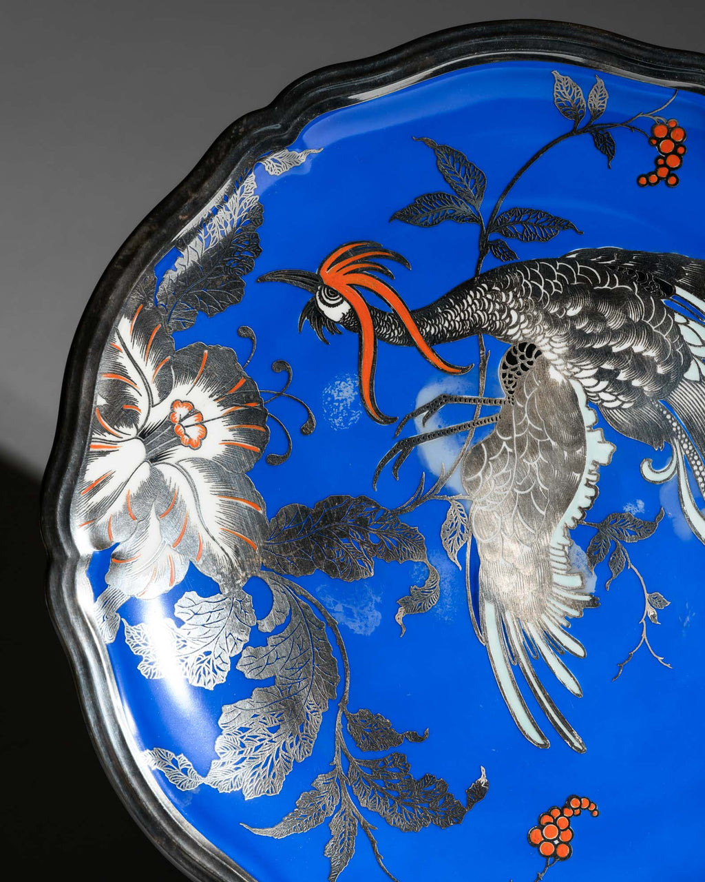 Blue Porcelain Plate with Silver Overlay Bird Motif – Rosenthal, 1950s