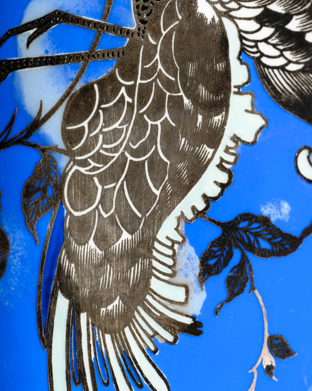 Blue Porcelain Plate with Silver Overlay Bird Motif – Rosenthal, 1950s