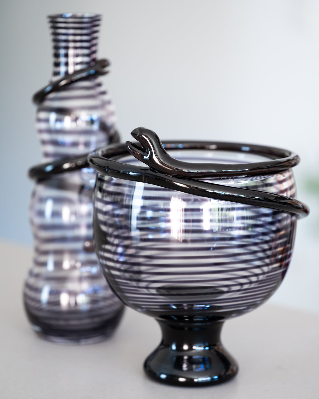 “Cleopatra” Purple Glass Carafe Vase & Bowl Set – Ulrica Hydman-Vallien for Kosta Boda, 1989