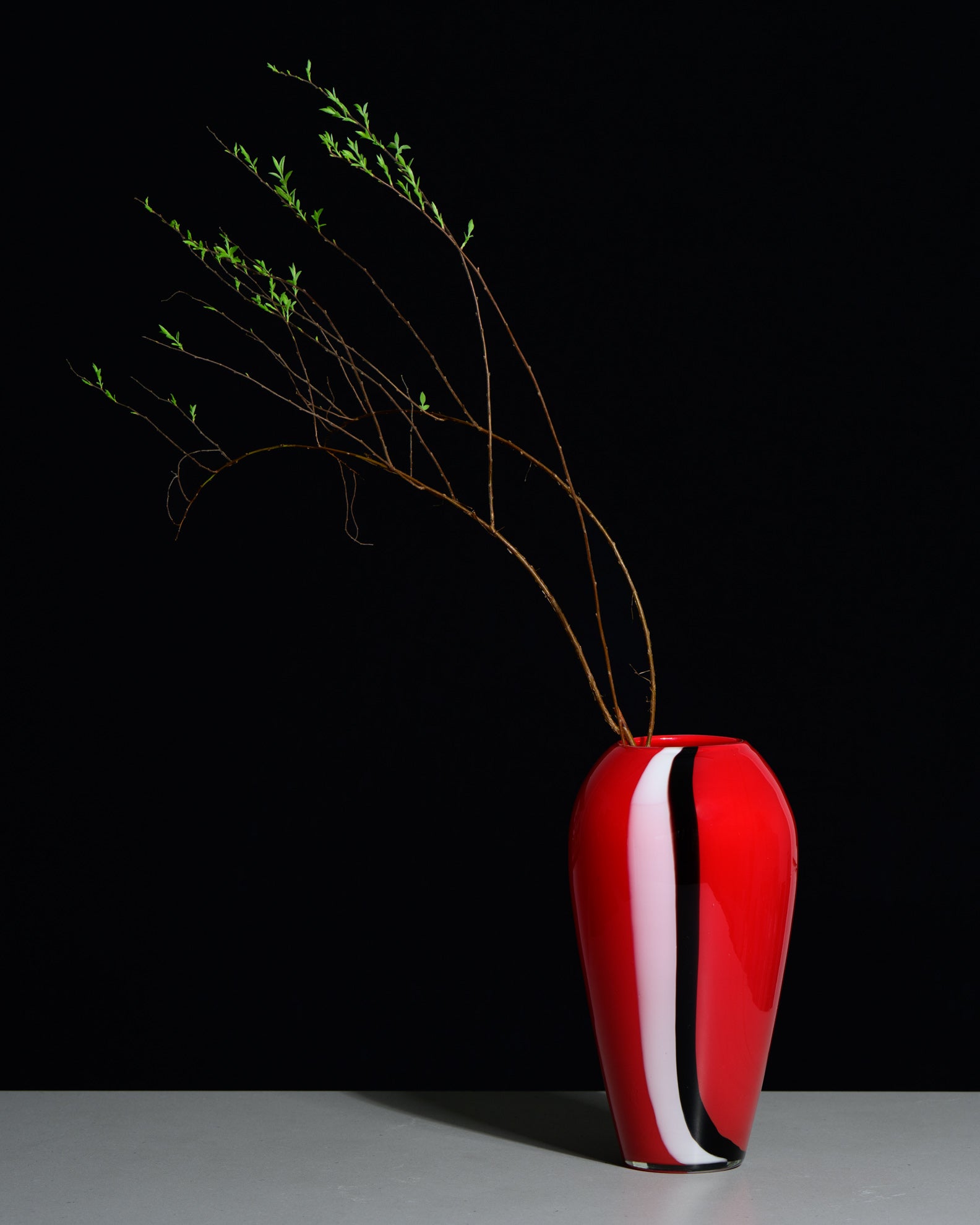 Red Glass Vase with White and Black Canes – European art glass, 1960s–1970s