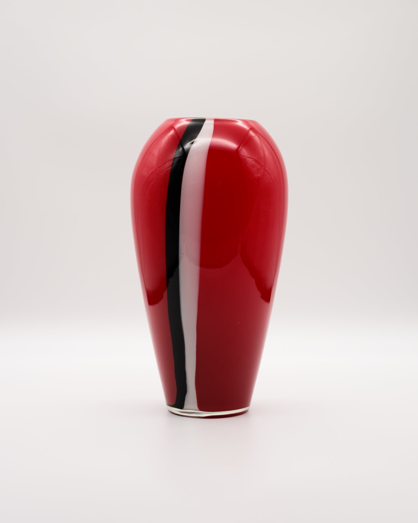 Red Glass Vase with White and Black Canes – European art glass, 1960s–1970s