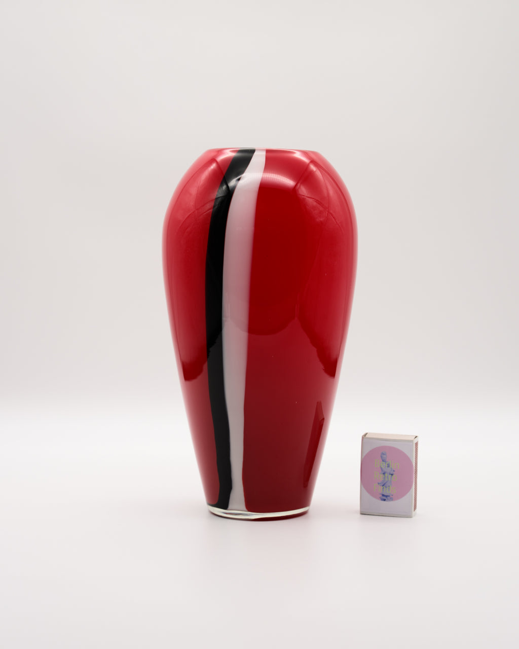 Red Glass Vase with White and Black Canes – European art glass, 1960s–1970s