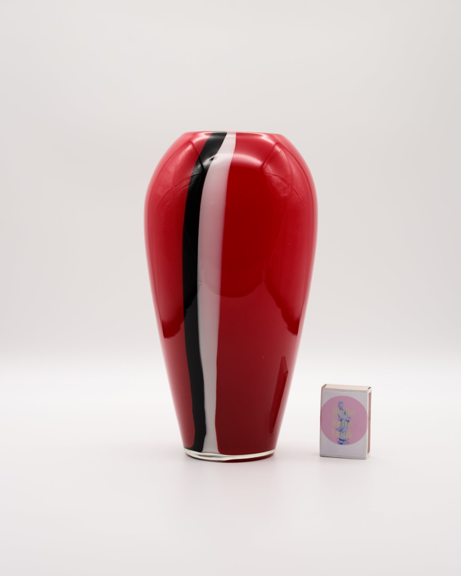 Red Glass Vase with White and Black Canes – European art glass, 1960s–1970s