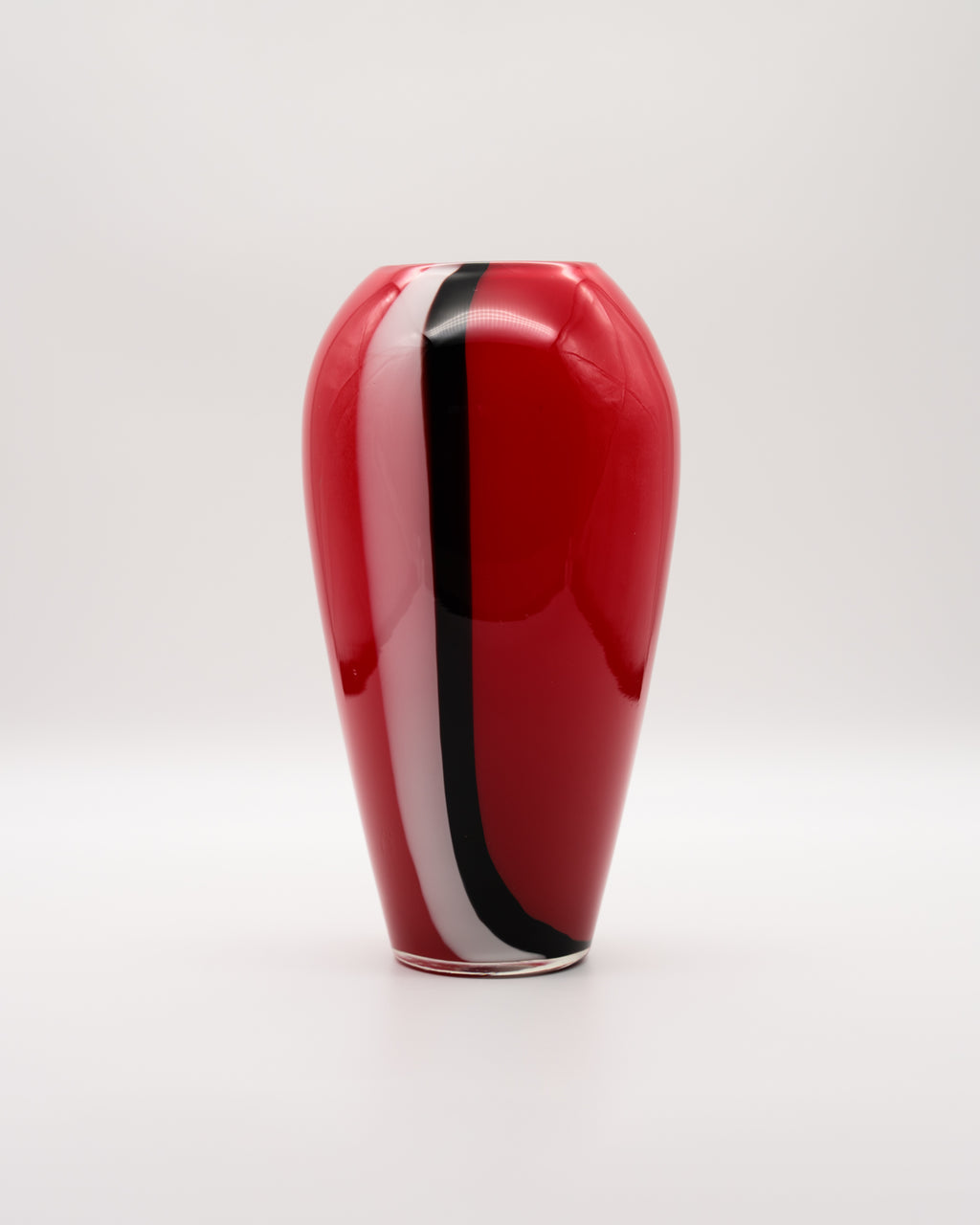Red Glass Vase with White and Black Canes – European art glass, 1960s–1970s