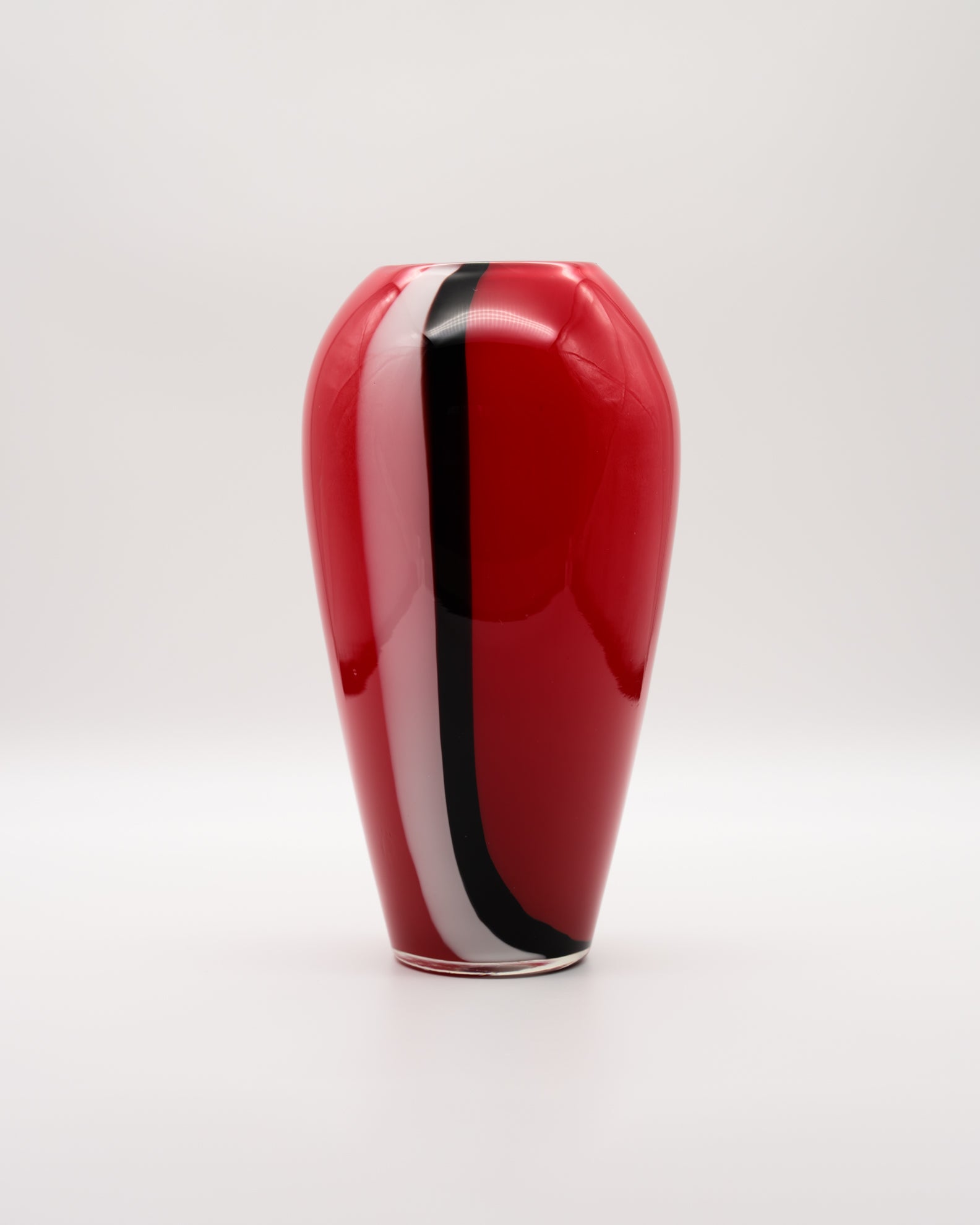 Red Glass Vase with White and Black Canes – European art glass, 1960s–1970s