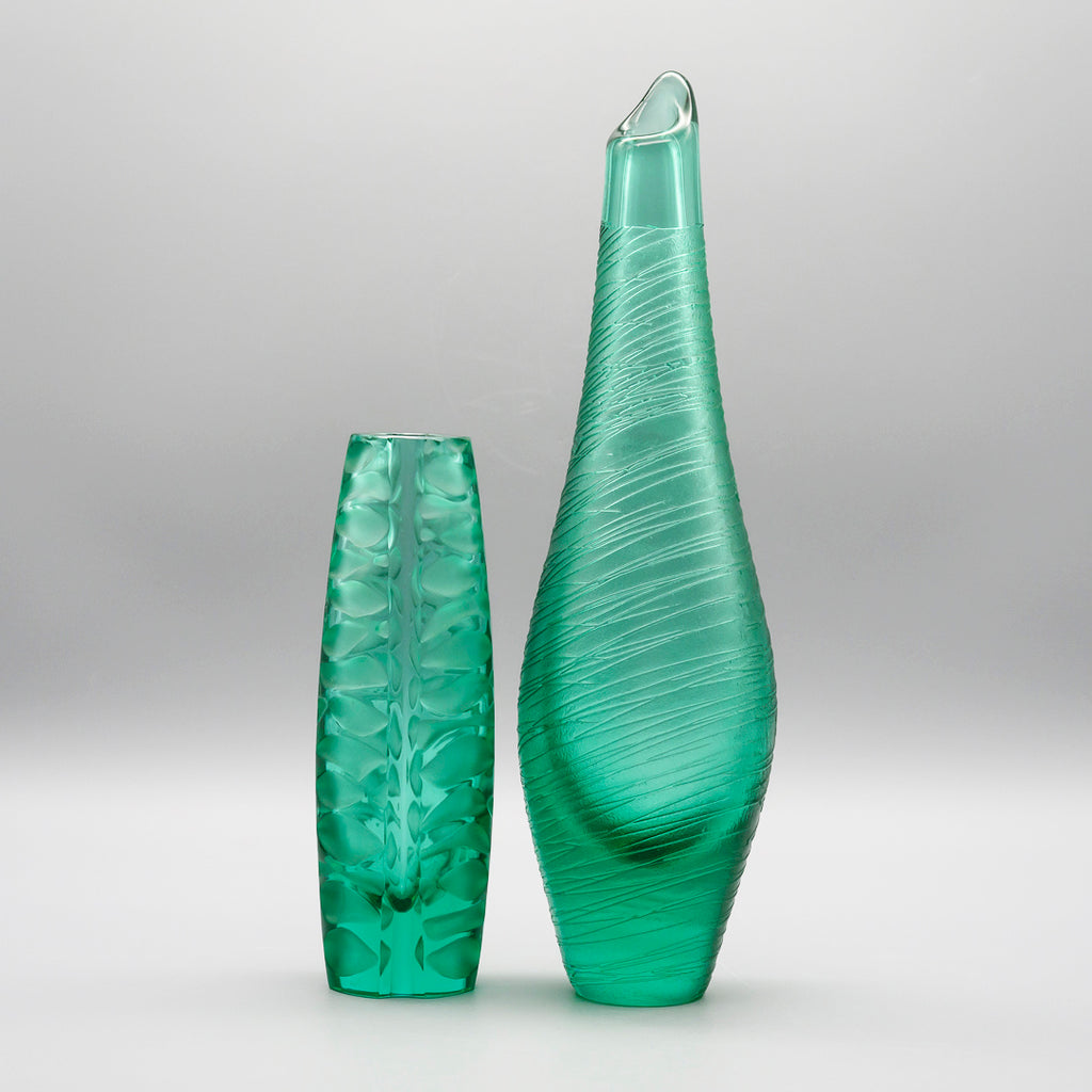 Green Glass Vase Duo – Václav Horáček & Miroslav Klinger for ŽBS Sklo Union/Josefodol, Czechoslovakia, 1960s