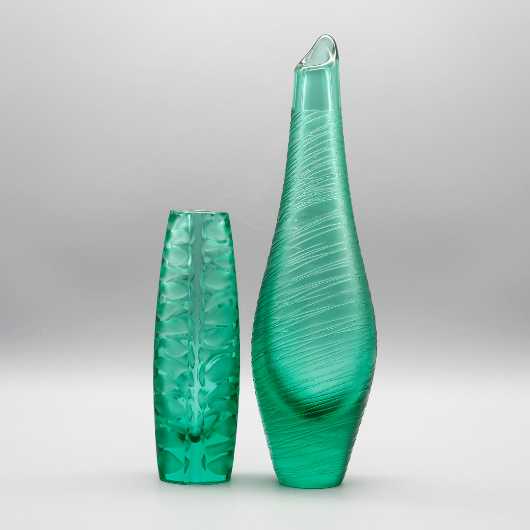 Green Glass Vase Duo – Václav Horáček & Miroslav Klinger for ŽBS Sklo Union/Josefodol, Czechoslovakia, 1960s