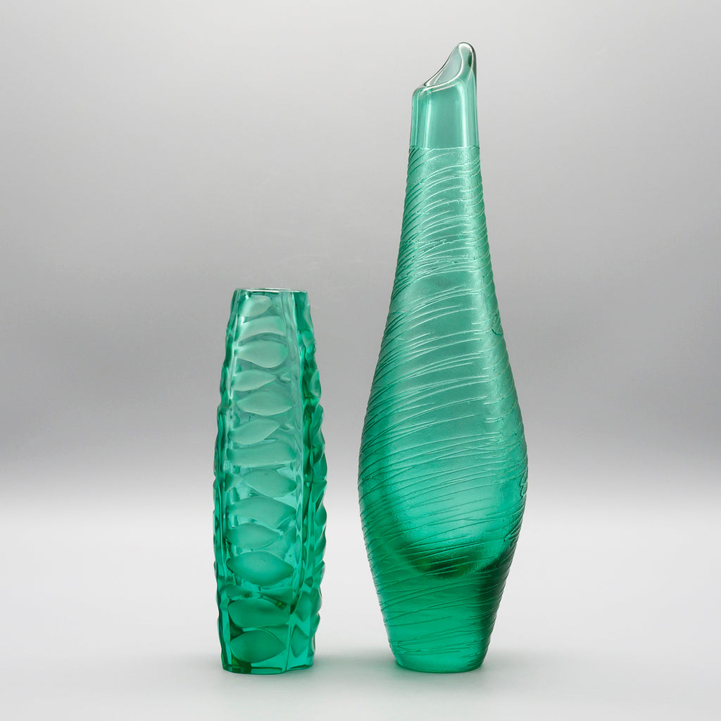 Green Glass Vase Duo – Václav Horáček & Miroslav Klinger for ŽBS Sklo Union/Josefodol, Czechoslovakia, 1960s