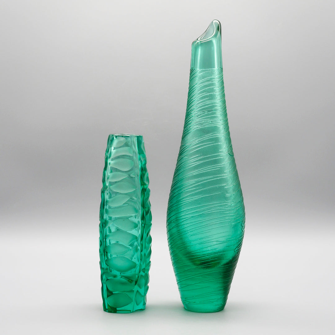 Green Glass Vase Duo – Václav Horáček & Miroslav Klinger for ŽBS Sklo Union/Josefodol, Czechoslovakia, 1960s