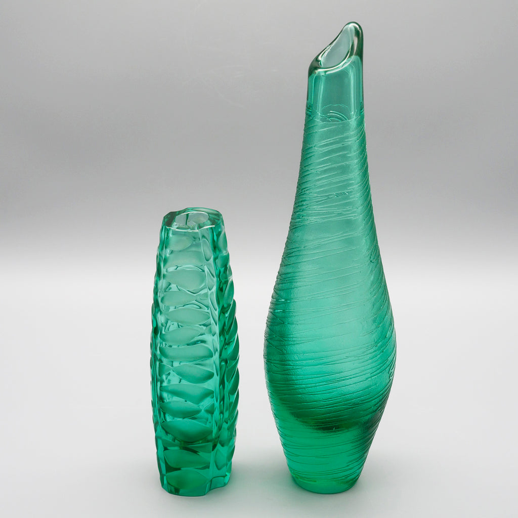 Green Glass Vase Duo – Václav Horáček & Miroslav Klinger for ŽBS Sklo Union/Josefodol, Czechoslovakia, 1960s