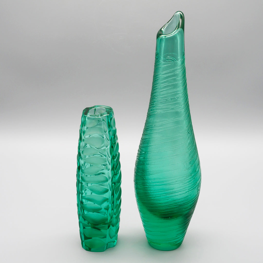 Green Glass Vase Duo – Václav Horáček & Miroslav Klinger for ŽBS Sklo Union/Josefodol, Czechoslovakia, 1960s