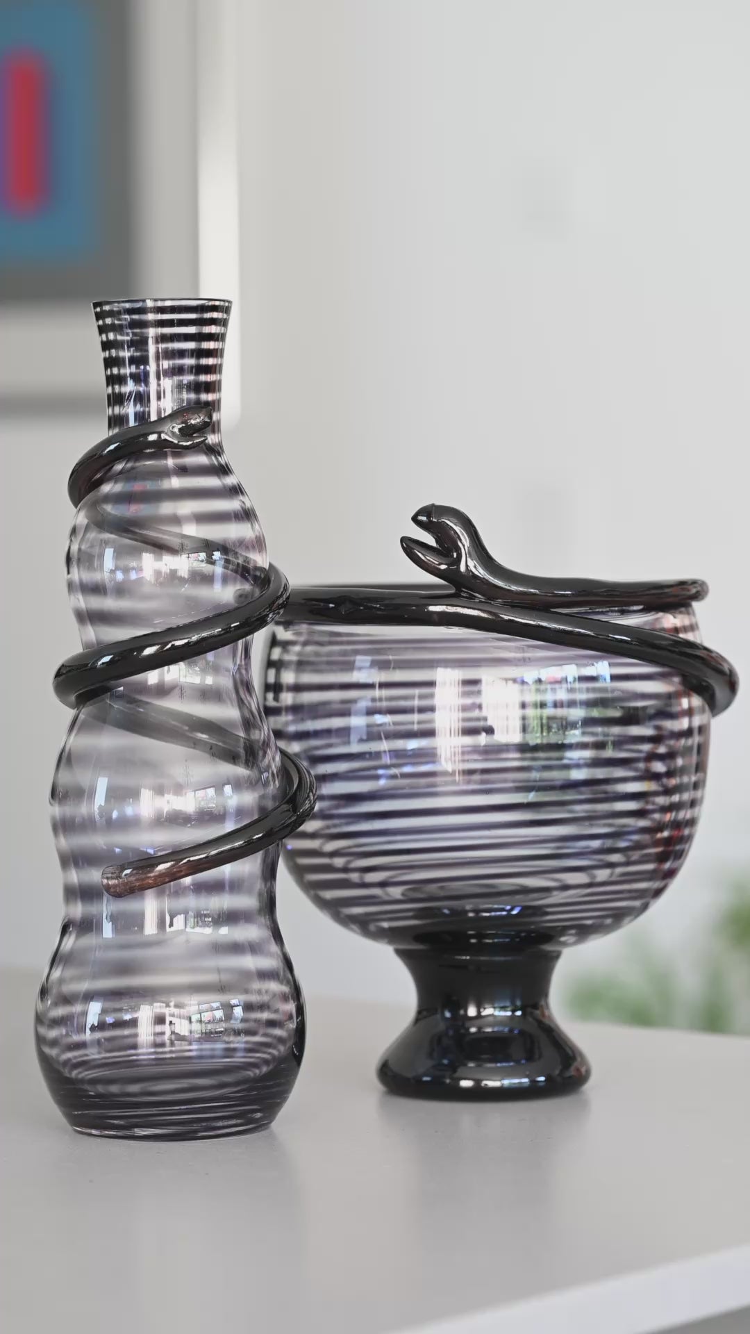 “Cleopatra” Purple Glass Carafe Vase & Bowl Set – Ulrica Hydman-Vallien for Kosta Boda, 1989